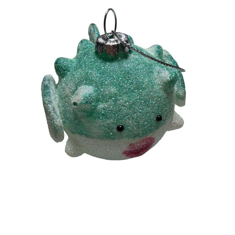 Glittery Green Puffer Fish Christmas Ornament Glass Blown Pier 1